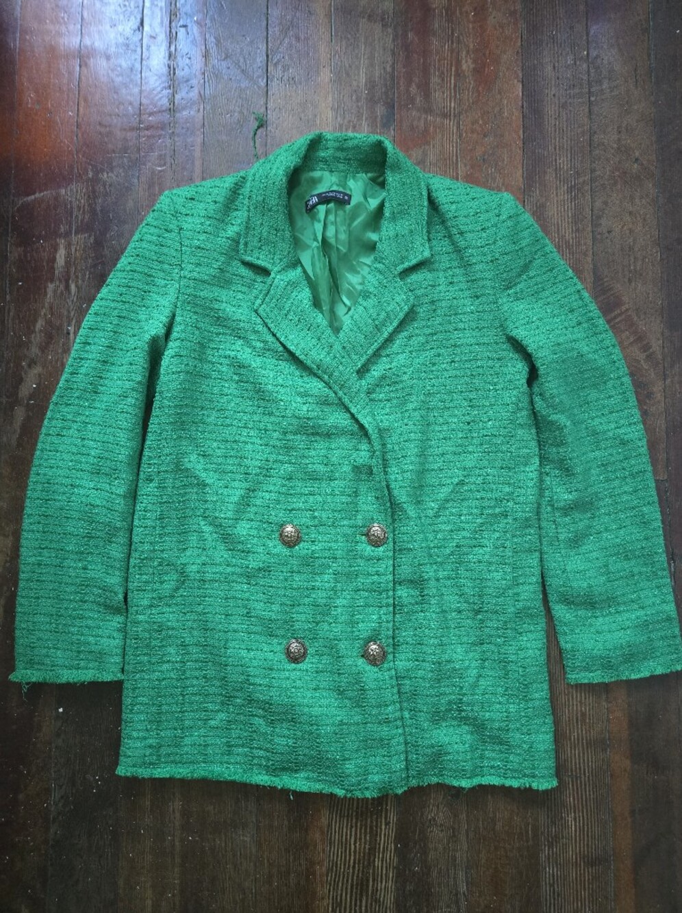 Zara Green Double-Breasted Tweed Blazer
